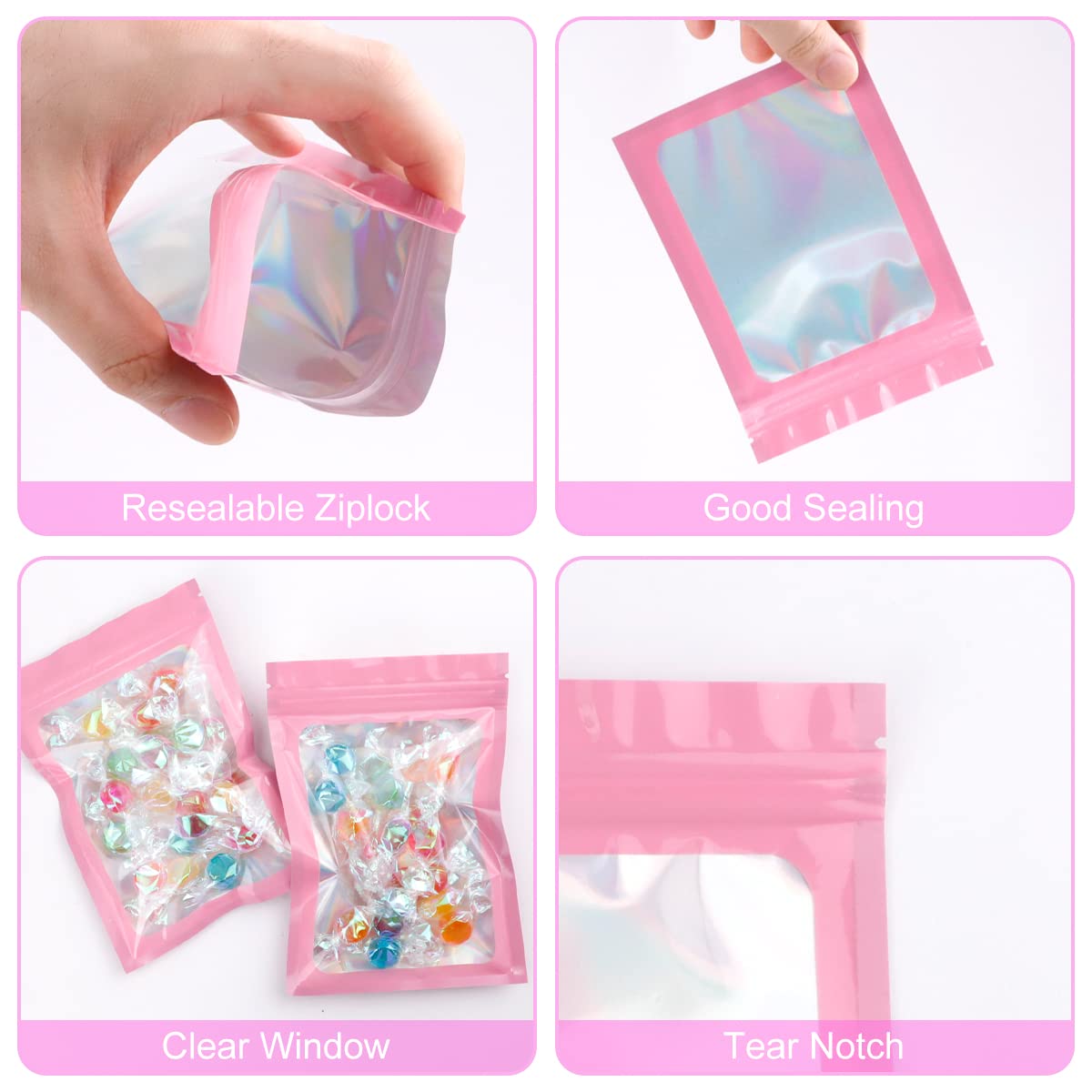 Resealable Smell Proof Mylar Holographic Packaging Bags with Clear Window